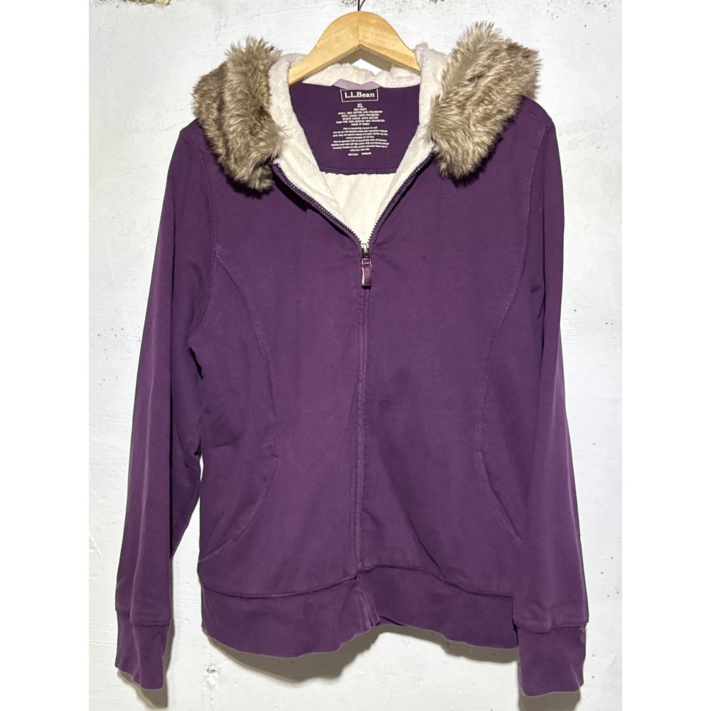 LL Bean Women Faux Fur Trim Hood Full Zip Sweatshirt XL Purple Sherpa Athleisure